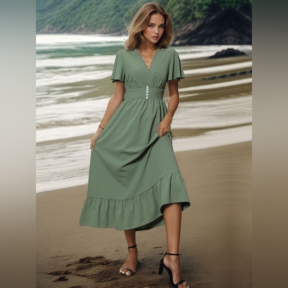 Summer Meadow Green Midi Dress with Short Sleeves - Picture 4 of 5